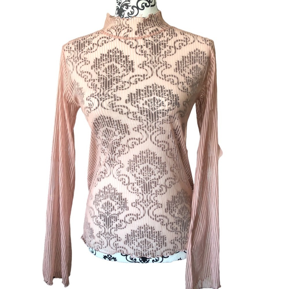 Oak & Fort Pink Long-Sleeve Mesh Stripped Mock-neck Shirt